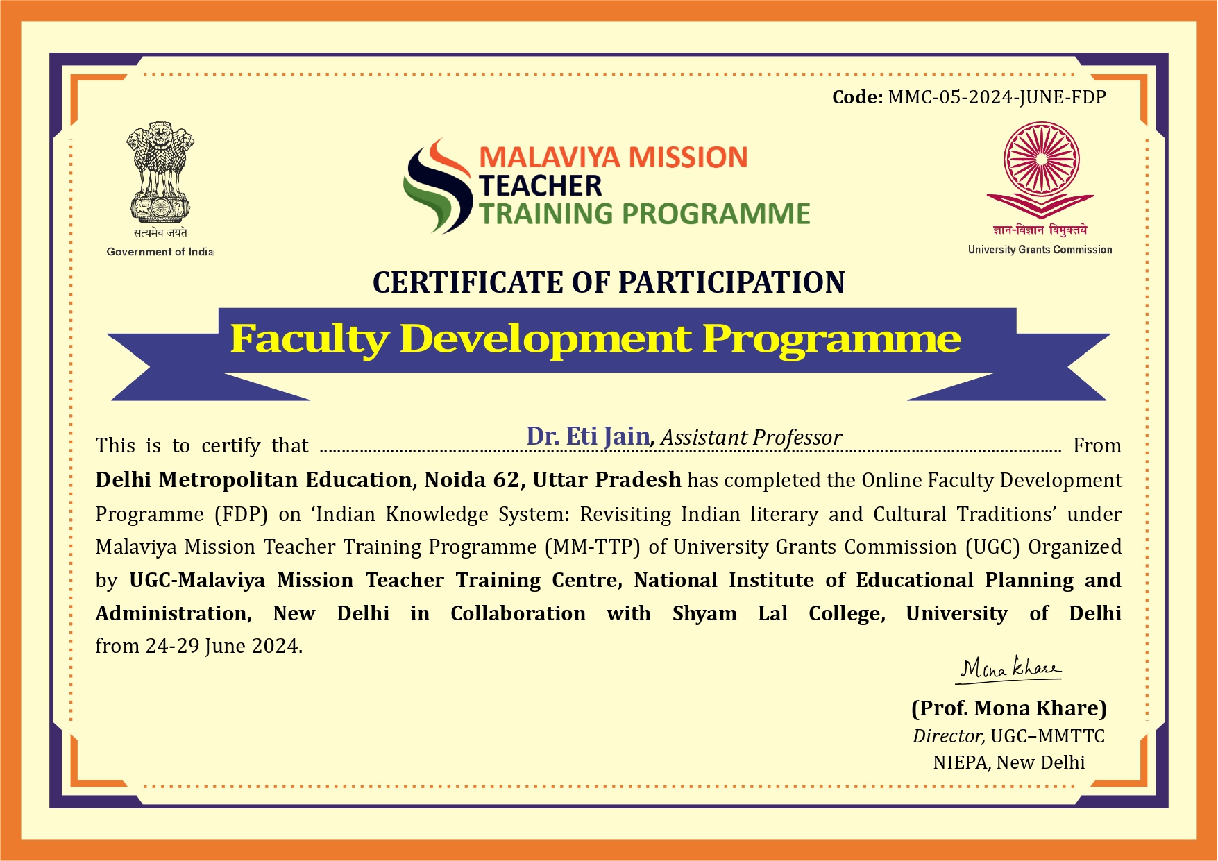 Dr. Eti Jain Certificate