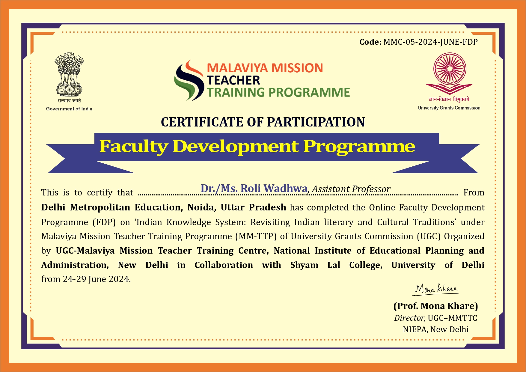 Roli Wadhwa Certificate