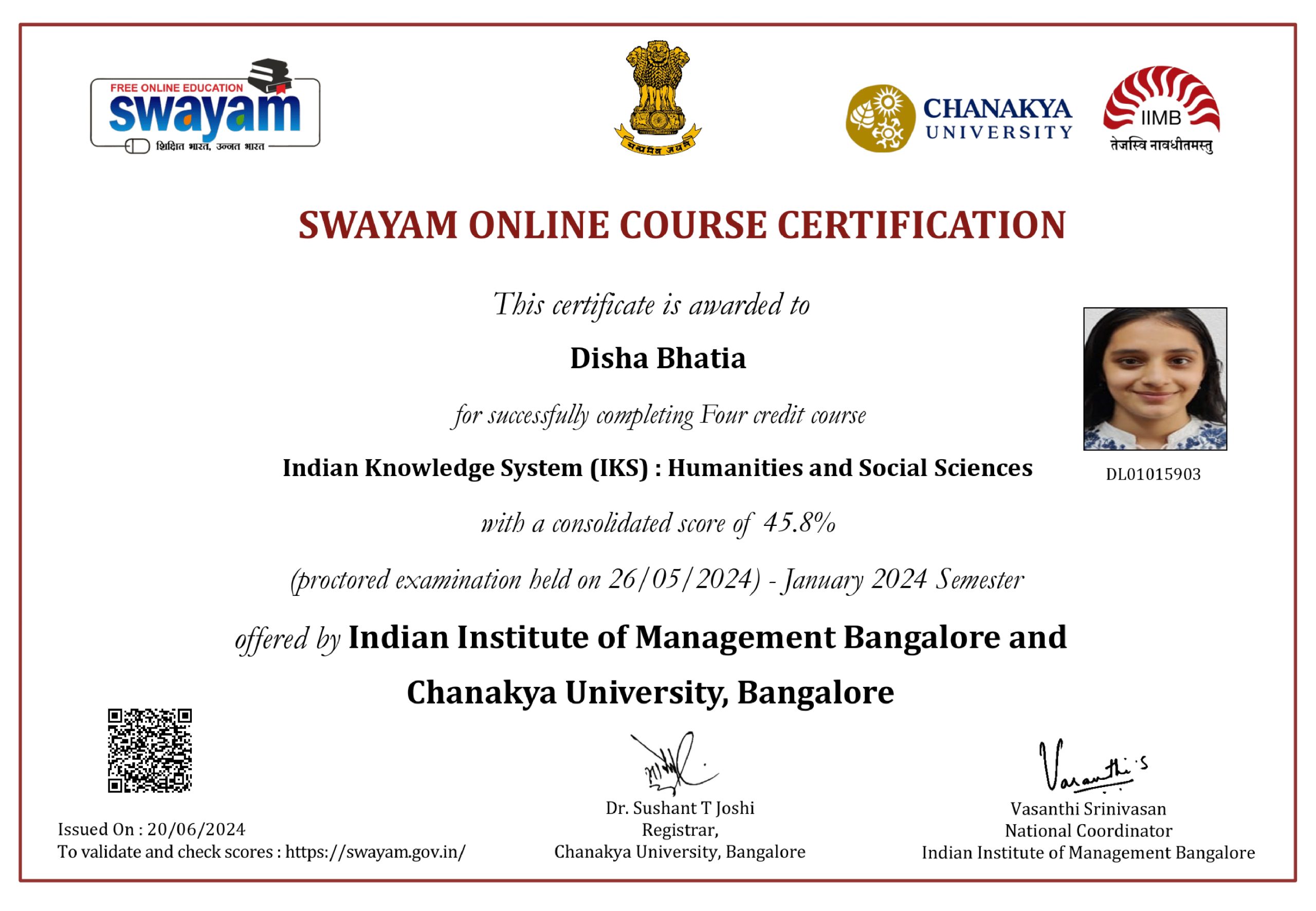 Disha Bharti Certificate